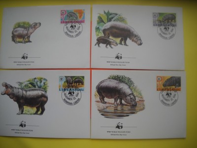 HOPCT PLIC FDC S NR 316 SET 4 FDC -FAUNA- HIPOPOTAM 1984 LIBERIA -NECIRCULAT foto
