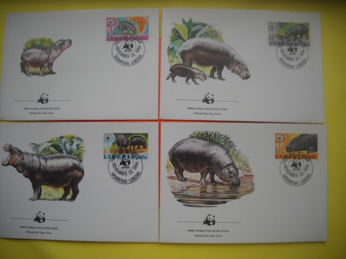 HOPCT PLIC FDC S NR 316 SET 4 FDC -FAUNA- HIPOPOTAM 1984 LIBERIA -NECIRCULAT
