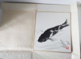 Pictura originala japoneza Sumi-e &ndash; Peste koi &ndash; tus pe hartie &ndash; 28 x 25 cm - Feng Shui, Flori, Cerneala, Altul
