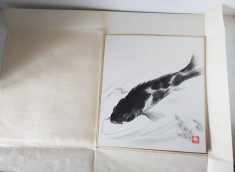 Pictura originala japoneza Sumi-e &ndash; Peste koi &ndash; tus pe hartie &ndash; 28 x 25 cm - Feng Shui