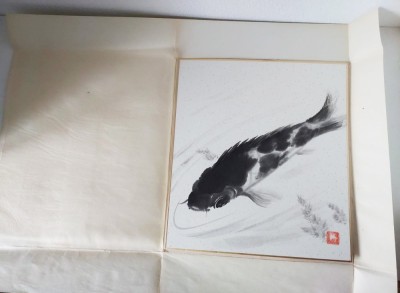 Pictura originala japoneza Sumi-e &amp;ndash; Peste koi &amp;ndash; tus pe hartie &amp;ndash; 28 x 25 cm - Feng Shui foto