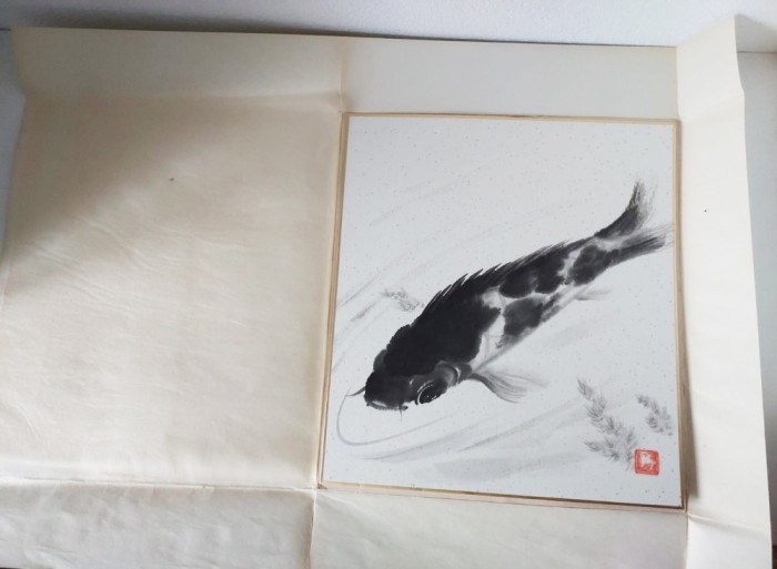Pictura originala japoneza Sumi-e &ndash; Peste koi &ndash; tus pe hartie &ndash; 28 x 25 cm - Feng Shui