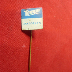 Insigna veche Reclama Tempo - Firma de batiste hartie Olanda ,anii '50 ,L=1,4cm