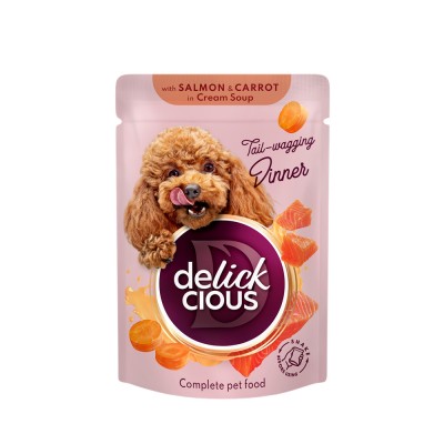 DELICKCIOUS, Stripsuri cu somon si morcov in supa crema, pentru caini, 85g foto