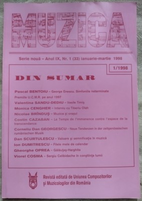 REVISTA MUZICA NR. 1/1998: Pascal Bentoiu/Vasile Timis/Tiberiu Olah/N.Brandus+ foto
