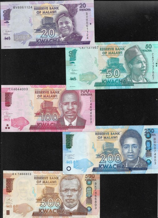 Set Malawi 20 + 50 + 100 + 200 + 500 kwacha unc-aunc