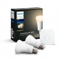 Set Becuri Inteligente LED Philips Hue Starter, Wireless, Bluetooth, 9 W, 220 V, 806 Lumeni, E27, 2700K, A+, aplicatie, Hue Bridge, 2 bucati foto