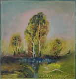 Pictură originală ulei pe p&acirc;nză &bdquo;Copaci la marginea bălții&rdquo; 20x20 cm, pe șasiu. Certificat cu semnătura și ștampila artistului