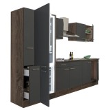 Yorki 300 &ndash; mobilier de bucătărie cu corp din stejar Yorki, cu fațade de culoare antracit cu finisaj satinat, cu frigider cu congelator &icirc;n partea de j