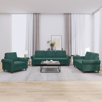 vidaXL Set de canapele cu perne, 3 piese, verde &amp;icirc;nchis, catifea 3202172 foto