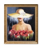 Cumpara ieftin Tablou inramat tanara cu palarie pictat manual, Eleganta, 70x60cm ulei pe panza, Mircea Iordache