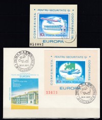 ROMANIA 1977 LP 938 LP 939 CONFERINTA PENTRU SECURITATE COLITE DANTELATA+COLITA NEDANTELATA/PLIC PRIMA ZI A EMISIUNII foto