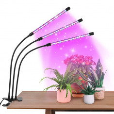 Lampa UV pentru cresterea plantelor la interior, 30W, cu clips, 3 brate reglabile, Lumina LED cu 9 trepte intensitate si temporizator foto