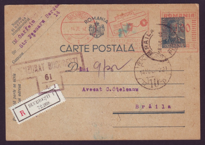 1942 Romania, Intreg postal francat mecanic reclama PTT, cenzura, Garfein Braila