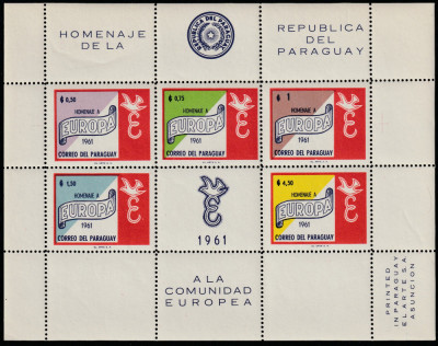 Paraguay 1961-C.E.P.T.1958,Europa Unita,bloc 5 valori,dant.,nestamp.,Mi.Bl.14 foto