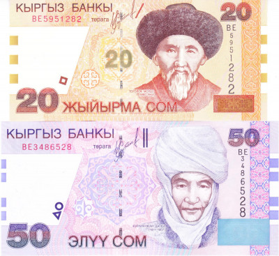 Bancnota Kyrgyzstan 20 si 50 Som 2002 - P19/20 UNC ( set x2 ) foto