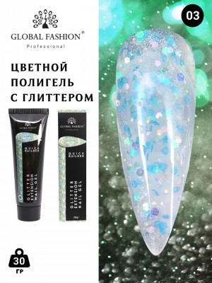 Polygel color pentru constructie unghii, Global Fashion, cu sclipici, 30 g, 03 foto