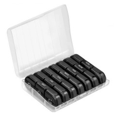 Cutie depozitare medicamente, flippy, 7 zile, 21 compartimente, cutie suport, recipiente detasabile, portabila, compartimente negre, cutie transparent