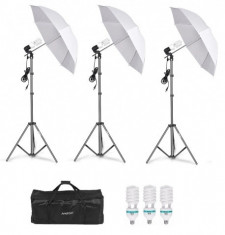 Kit lumini, 3 umbrele studio foto-videochat + Trepiezi + Geanta + Becuri 85 W Andoer foto