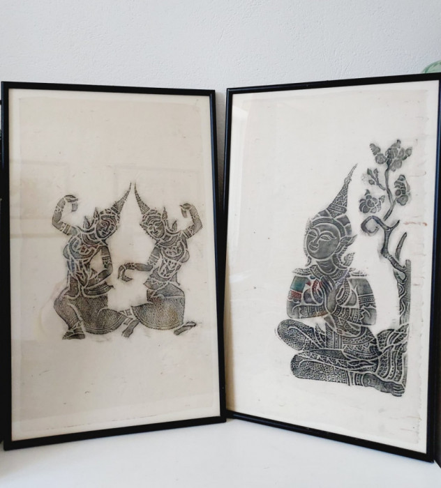 2 tablouri arta Indeonesia Bali imprmare cu blocuri de lemn pe hartie artizanala