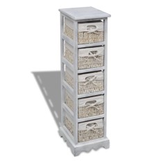 vidaXL Dulap de depozitare din lemn, 5 coșuri &icirc;mpletite, alb 240798