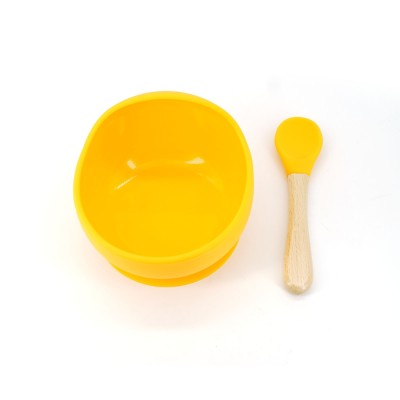 Set 2 piese diversificare bebelusi si copii din silicon Cyrax, bol cu ventuza, lingurita din lemn si silicon, pentru gustari, fara alergeni, galben foto