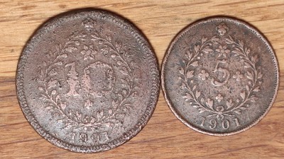 Azore - set colonial de colectie - 10 + 5 reis 1901 raritati - an unic de batere foto