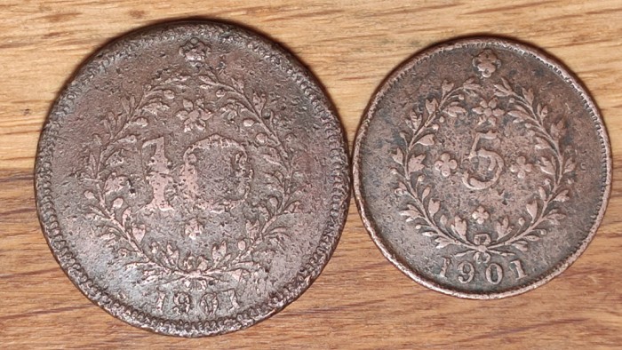 Azore - set colonial de colectie - 10 + 5 reis 1901 raritati - an unic de batere