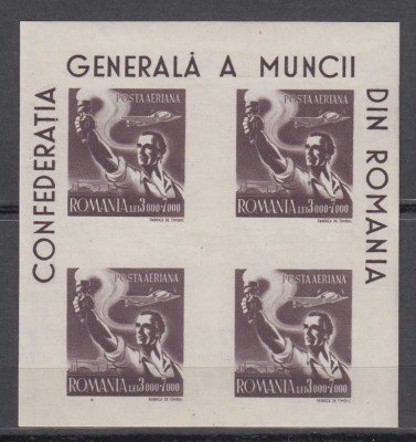 ROMANIA 1947 LP 211 a C.G.M. SUPRATAXA IN BLOC DE 4 TIMBRE MNH foto
