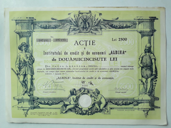2500 Lei 1930 Albina Sibiu / actiuni vechi Romania 107185