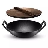 Wok Traditional Chinezesc din Fonta cu Capac din Lemn Mare, 36,5 cm Handy KitchenServ