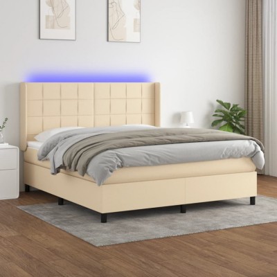 vidaXL Pat cu arcuri, saltea și LED, crem, 160x200 cm, textil 3138330 foto