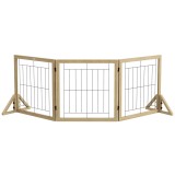 PawHut Gard pliabil pentru c&acirc;ini, gard de siguranță pentru animale de companie și căței cu 3 panouri și suporturi triunghiulare, 210x70 cm, lemn natur