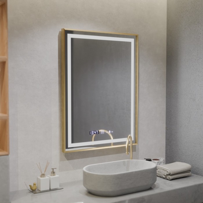 Oglinda LED Rectangulara, 60x80cm, Verite Royale Gold MotionGlow Marcello, Sistem Dezaburire, Ceas &amp; Termometru, Dimabila ModernLight Concept