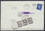 ROMANIA 1932/1938 TAXA DE PLATA COROANA STAIF 3 TIMBRE VALOAREA 3 LEI+TIMBRU ANGLIA /PLIC CIRCULAT 1939 LONDRA-CERNAUTI, Stampilat