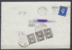 ROMANIA 1932/1938 TAXA DE PLATA COROANA STAIF 3 TIMBRE VALOAREA 3 LEI+TIMBRU ANGLIA /PLIC CIRCULAT 1939 LONDRA-CERNAUTI