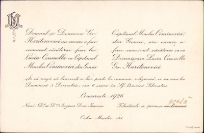 HST A879 Invitatie 1926 nunta capitan Menelas Cominovici din Geniu Bucuresti foto