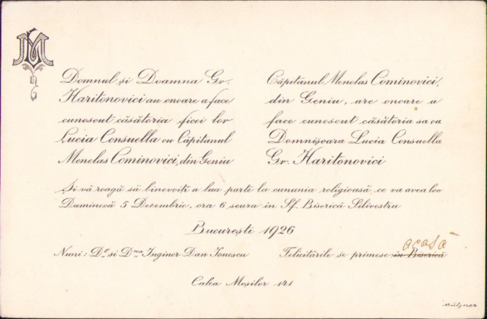 HST A879 Invitatie 1926 nunta capitan Menelas Cominovici din Geniu Bucuresti