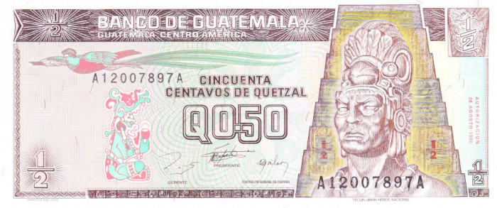 Bancnota Guatemala 0,5 ( 1/2 ) Quetzal 1996 - P96 UNC