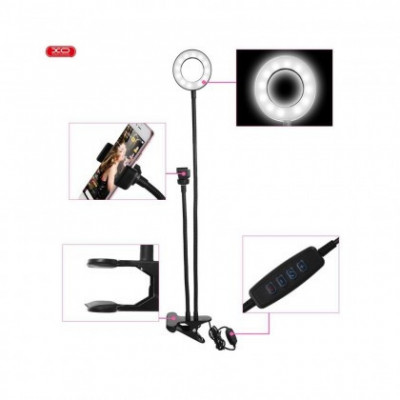 SUPORT / STAND SELFIE DE BIROU PENTRU SMARTPHONE CU LAMPA LED, XO-BGD001 NEGRU BLISTER foto