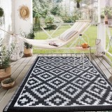 Covor Exterior Geometric Negru Alb pentru Terase și Grădini, CMCLASS