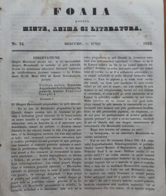 Foaia pentru minte, inima si literatura, nr. 24, 1853, Brasov, Redactor Iacob Muresanu foto