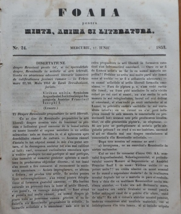 Foaia pentru minte, inima si literatura, nr. 24, 1853, Brasov, Redactor Iacob Muresanu
