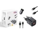 Incarcator priza pentru telefon cu adaptor auto si 2 cabluri