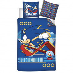 Lenjerie de pat Sonic the Hedgehog Fast,2 Fete, 2 Piese, 140A 200cm, 65x65cm, 100% Bumbac, Calitate Superioara