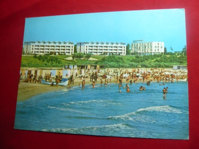 Ilustrata Mangalia - Vedere pe plaja , anii &#039;70 cu stampila anulat