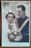 Fotografie tip carte postala, ofiter cu mireasa sa, 1938