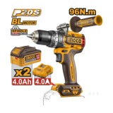 Masina de Gaurit si Insurubat cu Impact 20V INGCO CIDLI209686E, 96Nm, brushless, 2 viteze 0-550/2100 rpm, 30000 bpm, mandrina metalica 13 mm, 2 acumul