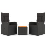 Set sezlonguri gradina, 3 piese, negru, poliratan&amp;lemn acacia