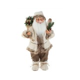 Figurina Decorativa Mos Craciun cu Imitatie de Blana Ecru Maro si Schiuri, 63 cm